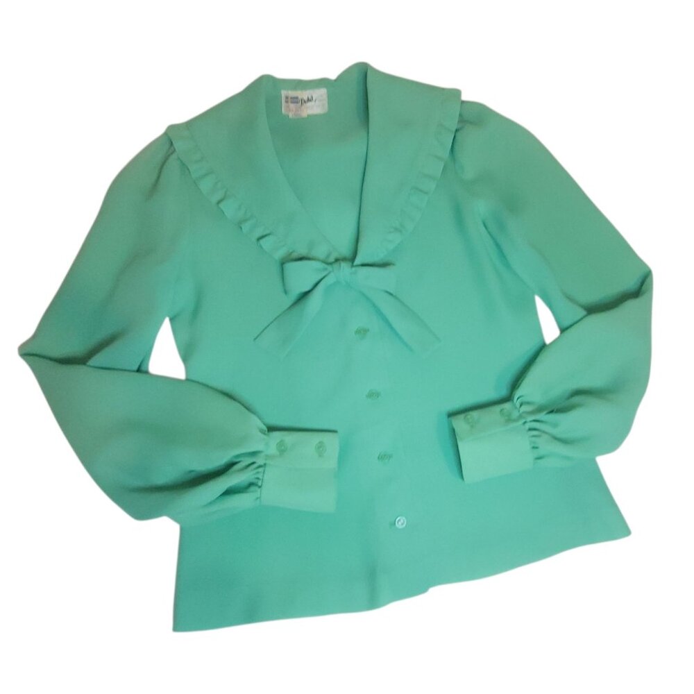 Deha Of Sweden Vtg 70s Green Ruffle Collar Blouse SZ 38 Bow Tie Button Front